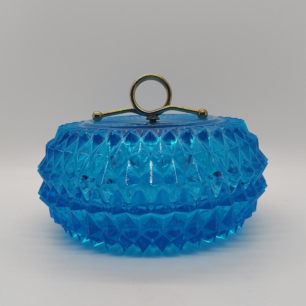 Indiana Glass Diamond Point Blue Glass Powder Puff Candy Trinket Dish Vintage